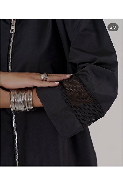 AGORATEKSTİL Women's Hooded Trench Oversize Jacket with Mesh Detail on the Back and Sleeves