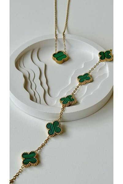 ANGELSS JEWELLERY مجموعة أساور قلادة على شكل برسيم ذهبي أخضر من فان كليف (سوار قلادة على شكل برسيم ذهبي أخضر)