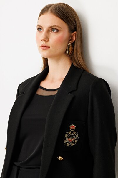 Ekol Women's Plus Size Pocket Embroidered Jacket 5571 Black