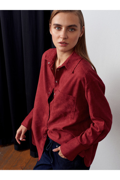 Dilvin 50524 Oversize Suede Shirt-Burgundy