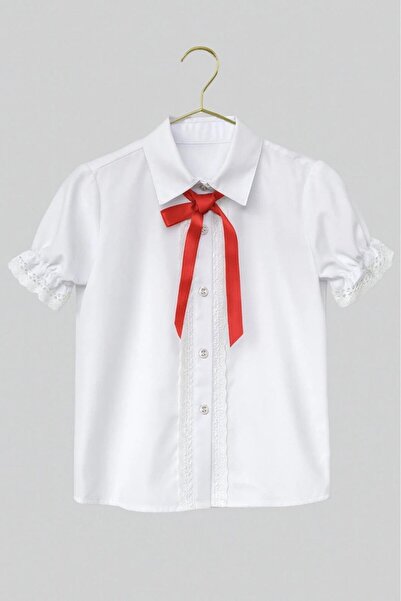 nacar çarşı Kız Çocuk Kırmızı Fiyonklu Dantel İşlemeli Beyaz Gömlek Kırmızı Kloş Etek Takım 23 Nisan 29 Ekim