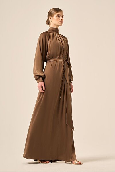 FTZ WOMEN Kadın İpek Saten Elbise Kahve 31208