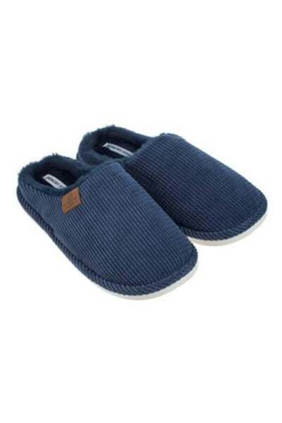 OEM Men's Winter Slippers in Blue with Zigzag Pattern and Artificial Leather Patch