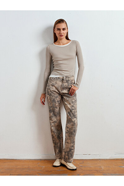 Dilvin 72067 Batik Patterned Denim Trousers-Khaki
