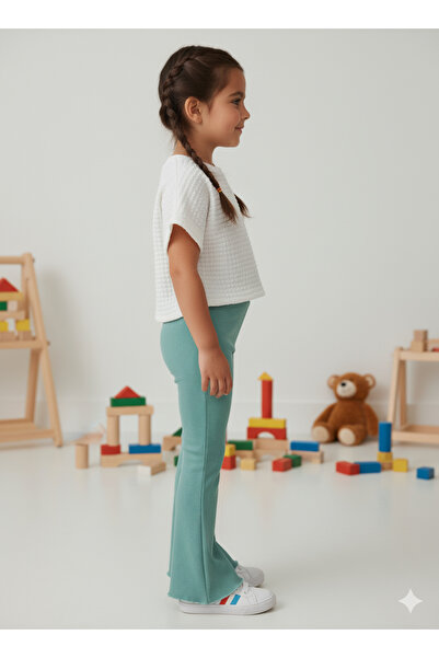 FESSHERA KİDS Girl's Suit Waffle T-Shirt Ruffled Ribbed Flared Leggings 2-Piece Set