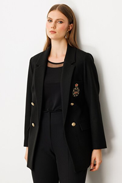 Ekol Women's Plus Size Pocket Embroidered Jacket 5571 Black