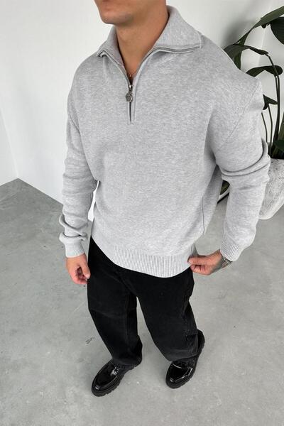 HAFKAGİYİM Gray Half-Zip High Neck Knit Sweater