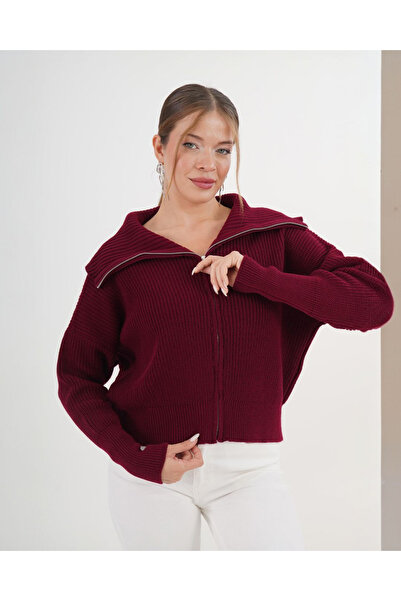 VELZANA Burgundy Zippered Cardigan