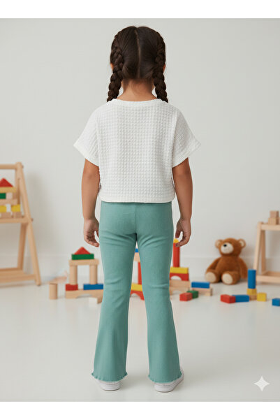 FESSHERA KİDS Girl's Suit Waffle T-Shirt Ruffled Ribbed Flared Leggings 2-Piece Set