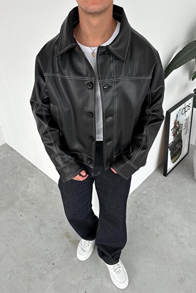 HAFKAGİYİM Чорна куртка з преміум шкіри з кроєм crop і зворотним швом