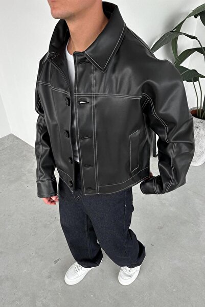 HAFKAGİYİM Black Reverse Stitch Crop Cut Premium Leather Jacket