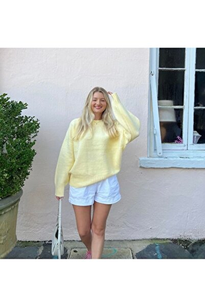 FLEX FASHION Women's Crew Neck Soft Lemon Yellow Oversized Knit Sweater