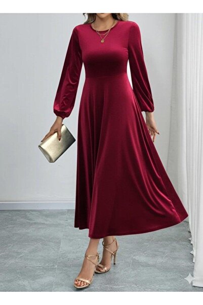 Aymood Women's long sleeve crew neck midi velvet dress