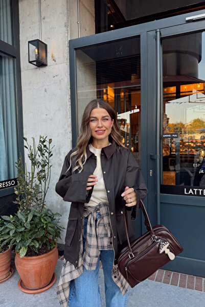 Sue Store Acı Kahve Kadife Yaka Ekose Astarlı Yağlı Ceket