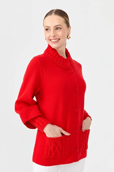 Desen Triko Stand Collar Three Quarter Sleeve Short Women's Wool Coat 24046