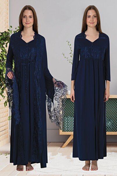 Lohusa Homewear Set de 2 cămăși de noapte pentru femei, albastru marin, cu mâ...