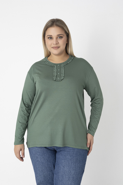 Orly More Viscose Fabric Mini Slit Plus Size Long Sleeve Mother Combed Cotton Blouse with Collar and Button Detail