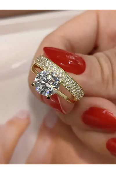 Çelikoğlu Kuyumculuk 8 Ayar Altın Tektaş Alyans Yüzük Twin 2'si Bir Arada Cla...