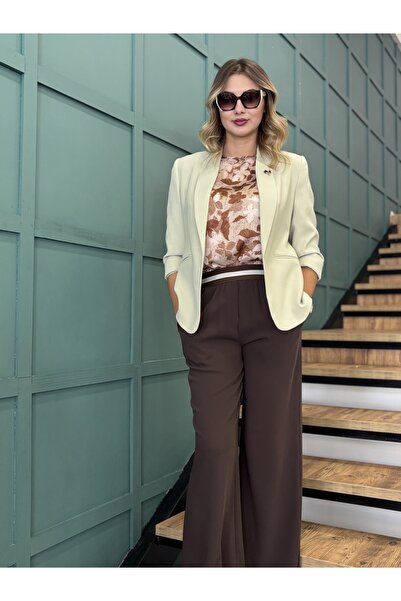 AYHAN Women's Bronch Detailed Three Quarter Sleeve Blazer Jacket