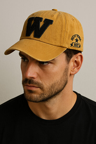 HatClub Exclusive Căciulă pentru bărbați, de culoare galbenă, cu broderie în formă de W, lavabilă, învechită, vintage, reglabilă