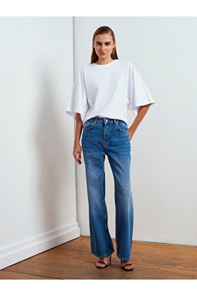 Dilvin 72053 Wide Leg Denim Pants-Blue