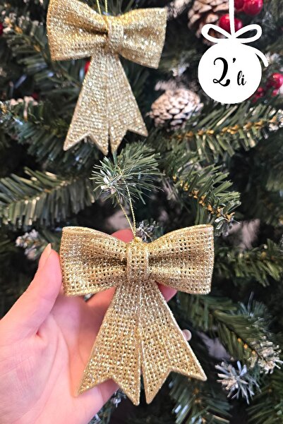 PEKSHOP Ornament cu fundă de aur Ornament pentru brad de Crăciun Pachet 2 9x1...