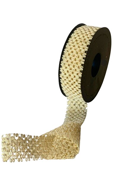 EL İŞİ DİY CRAFT Cream Beige Glittered Jute Straw Patterned Lace Ribbon 2 cm X 10 Meters Handcrafted Packaging Decoration Ribbon