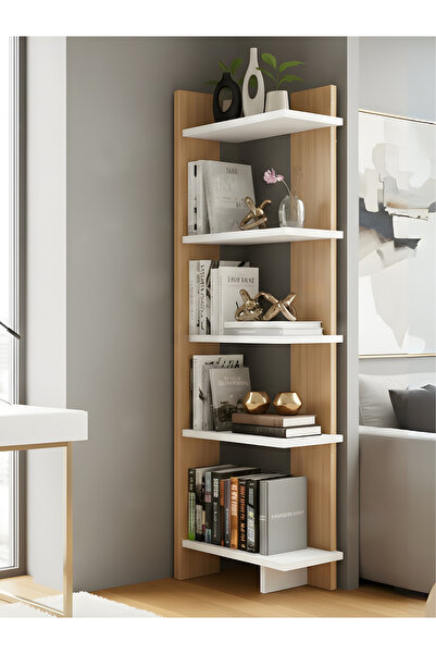 Free Home Premium MDF Ürün Modern Köşe Raf Kitaplık | Ahşap 5 Katlı Dekoratif Raflı Çok Amaçlı Düzenleyici