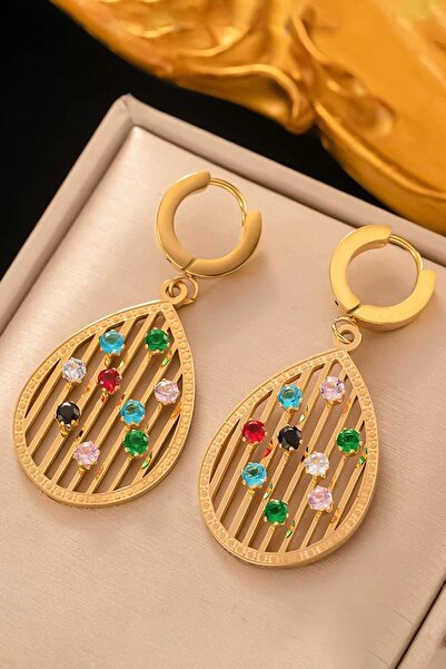 TAKIŞTIR أقراط فولاذية ملونة بلون ذهبي مع تفاصيل حجرية (زوج)