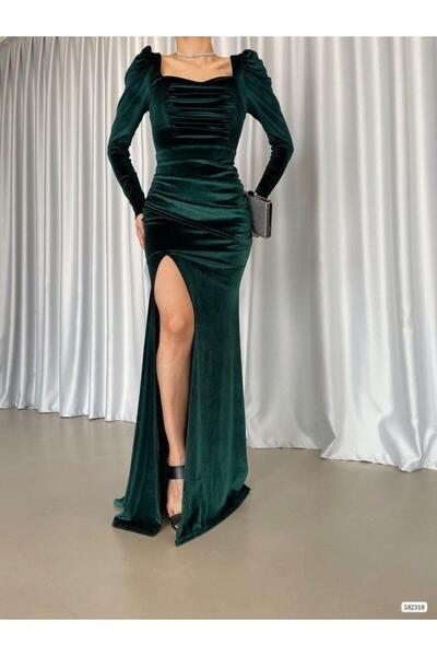 Modafeminen فستان سهرة مخملي بفتحة رقبة مربعة 582318 زمرد