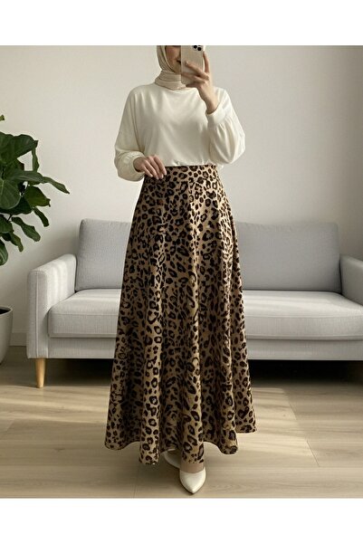 Modamorfo Leopard Patterned Scuba Skirt - Mink