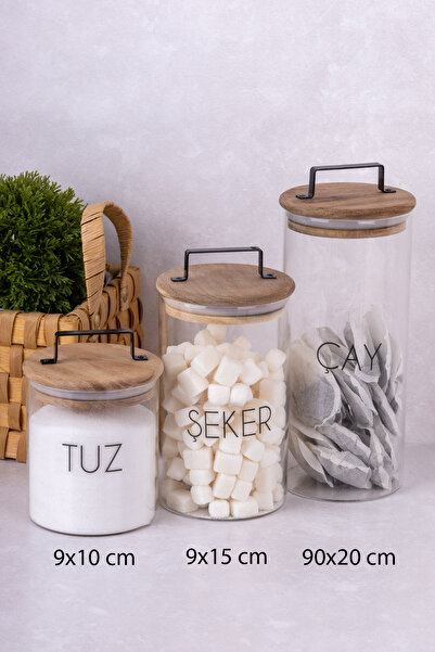 DNS HOME 3 Adet Cam Saklama Kavanozu Vakum Kapaklı Etiketli Çay Şeker Tuz Saklama Kabı Modern Kavanoz Seti