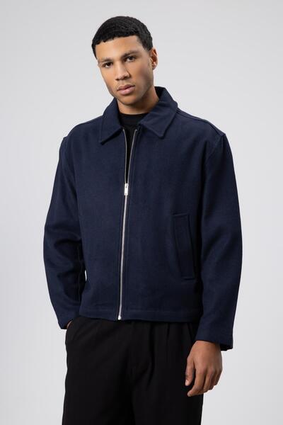 VAMOSCLO Oversize Zippered Cashmere Jacket Navy Blue