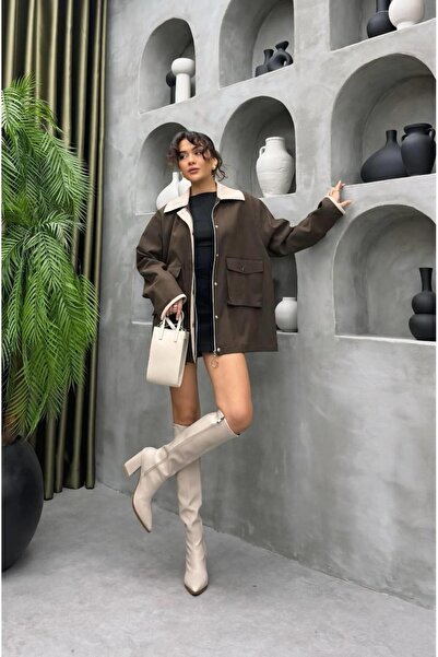 Cardella Premium Kalite Kadife Yaka Muadil Oversize Kadın Ceket Trençkot Tesettür Uyumlu