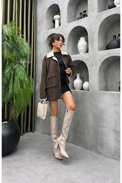 Cardella Premium Kalite Kadife Yaka Muadil Oversize Kadın Ceket Trençkot Tesettür Uyumlu