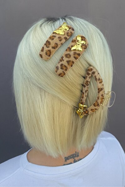 TAKIŞTIR Σετ με κούμπωμα με μανταλάκια και πλαϊνό κούμπωμα σε ανοιχτό καφέ χρώμα με σχήμα πεταλούδας και λεοπάρ