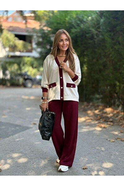 Aymood Women's long sleeve ribbed cardigan with pocket detail and wide leg pants two-piece set