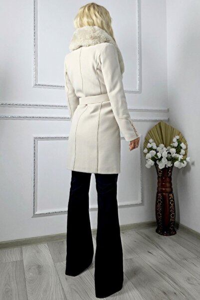 FashionForYou EVoria short symmetrical coat, fur collar and drawstring at the waist, Cream
