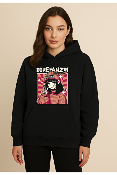 Korefanzin Hanorac negru de bază în stil coreean anime