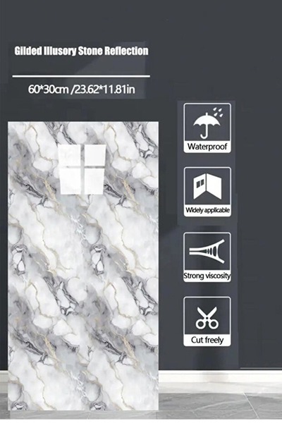 BienHome 10 Adet, 30x60 Cm Açık Gri Damar Mermer Desenli Kendinden Yapışkanlı Kaplama Pvc Panel-M-18