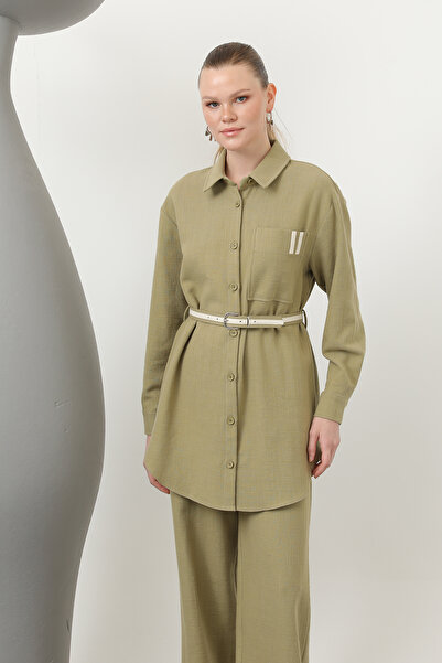 Modamorfo Women's Linen Suit with Belt Detail and Trousers - 14313Tks