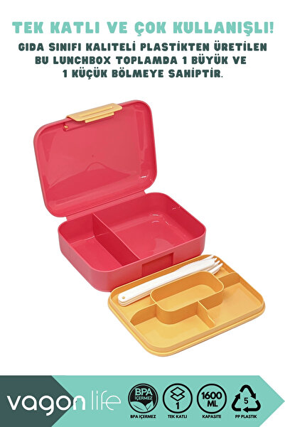 Vagonlife Bento 1600ml Lunch Box Cute Cat Pattern Single Layer 2 Compartments Pp Plastic Lunch Box Food Container