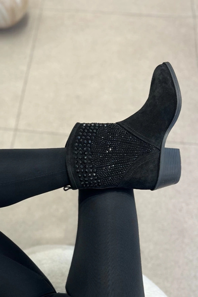 Heyzen TAŞ DETAYLI SÜET KISA WESTERN BOT SİYAH