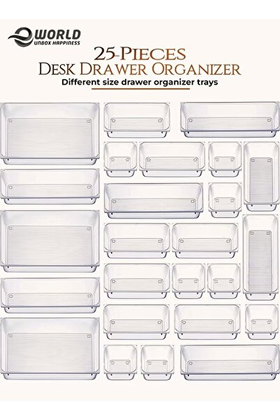 Eworld 25-Piece Clear Drawer Organizer Trays, Plastic Storage Bins for Kitchen, Bathroom & Makeup