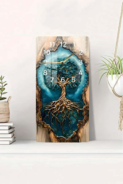 kutuTR TEMPERLİ CAM TABLO SAAT – HAYAT AĞACI DESENLİ (30x60 cm) UV Baskı – CU...