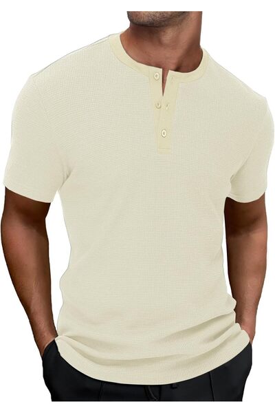 HMIYA Men's T-Shirt with Henley Shirt Collar Made of Waffle Pique