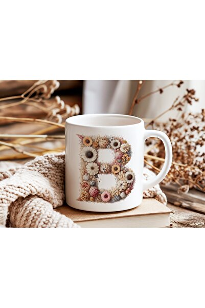 Beramussa كوب مزخرف بحرف B على شكل زهرة - كوب طبيعي مزين بالزهور مع حروف الأب...
