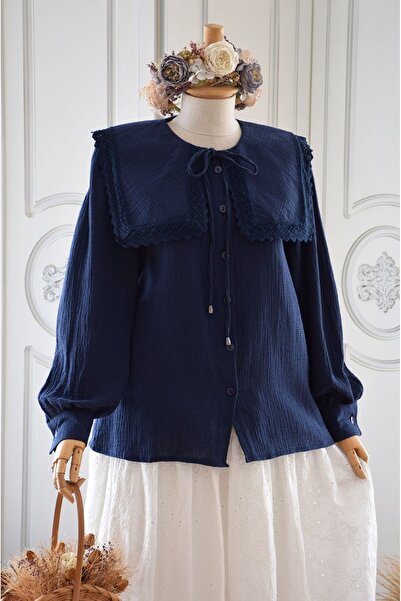 EMİNOS BUTİK Wide Collar Detailed Muslin Shirt