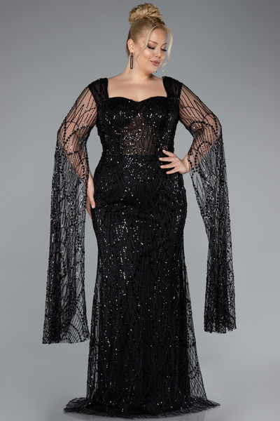 Abiyefon Siyah Uzun Şal Kol Boncuklu Büyük Beden Abiye ABU4945