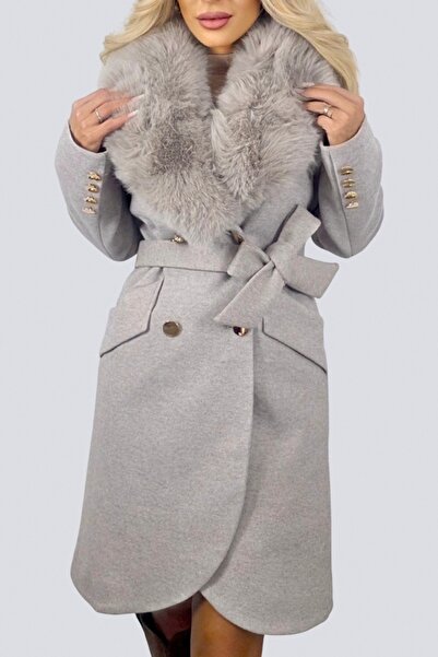 FashionForYou Women's wool coat, Tamira, fur collar and rounded corners, beige